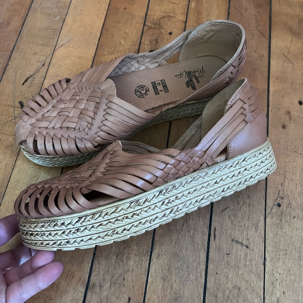 Tan Platform Woven Leather Shoes